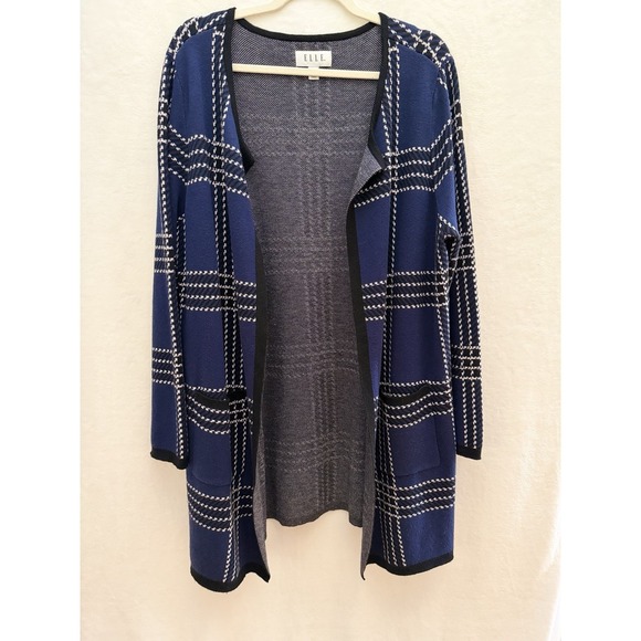 Elle Sweaters - Elle XXL Open Cardigan Navy Black Plaid Long Duster Academia Whimsigoth Cotton